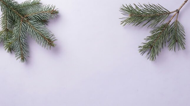 Festive evergreen branches framing empty space on a light background