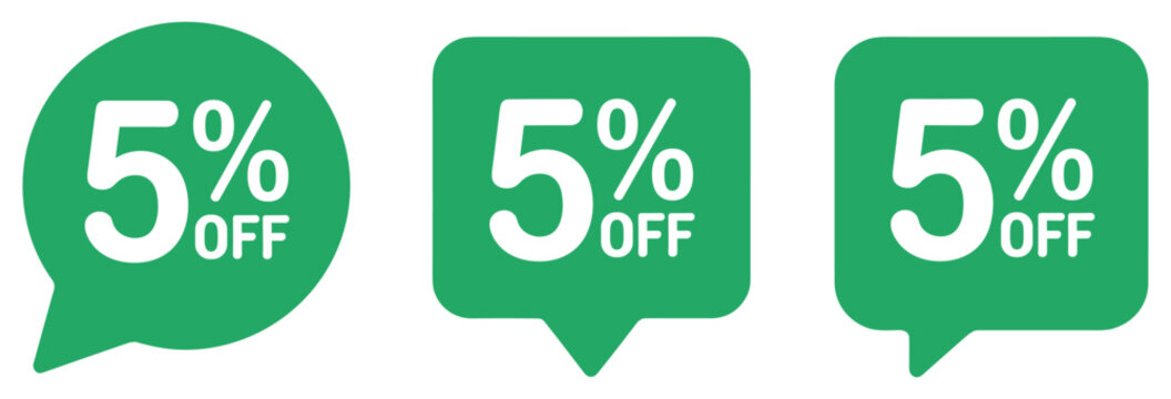 Green Discount Icons: A collection of three green discount icons, each featuring 5% OFF in white text, signifying a percentage discount and offering a clear visual for sales and promotions.