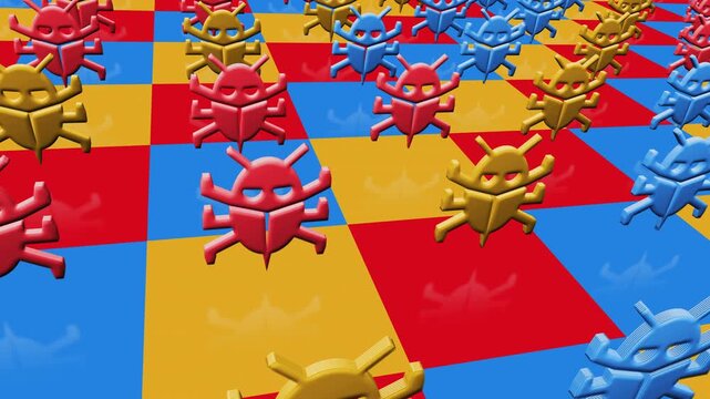 Computer bug cyber attack and security error multiple 3d symbol looped and seamless object pattern animation