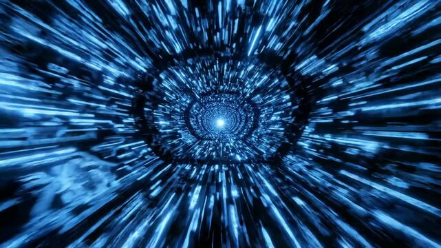 High-speed blue digital cyber tunnel motion futuristic sci-fi hyperspace warp drive background glowing