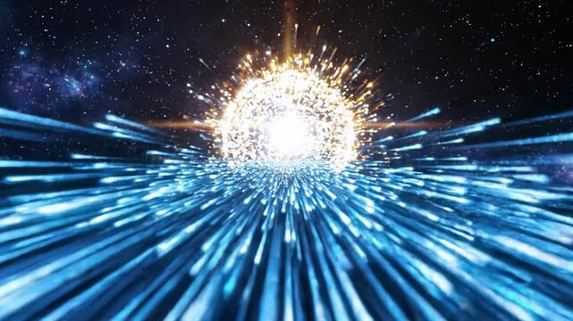 Cosmic hyperspace warp speed tunnel with glowing golden energy sphere and blue light particle streaks motion background