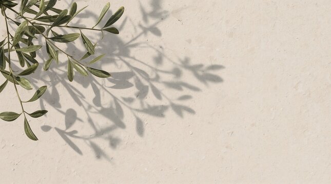 Beige microcement wall with olive branch shadow