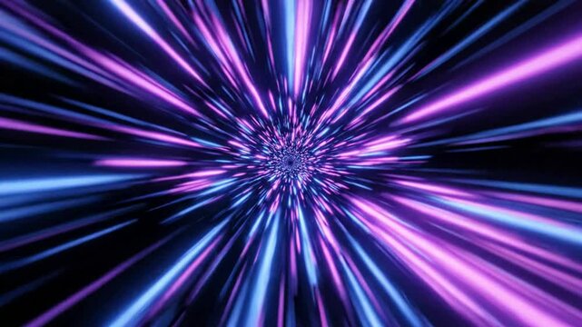 High-speed hyperspace tunnel flight with glowing blue and purple neon light streaks for sci-fi motion backgrounds