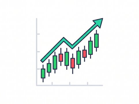Financial stock market candlestick chart showing growth and upward trend.