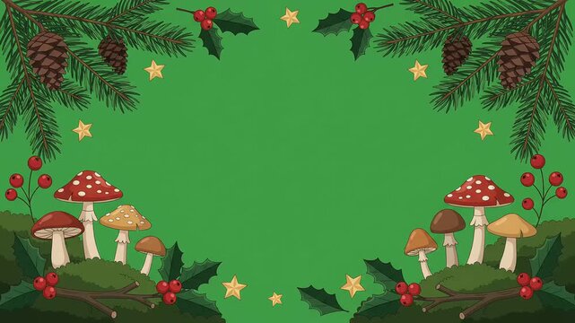 Hand drawn christmas winter forest border animation featuring pine branches pinecones red mushrooms holly berries and golden stars on green background template.
