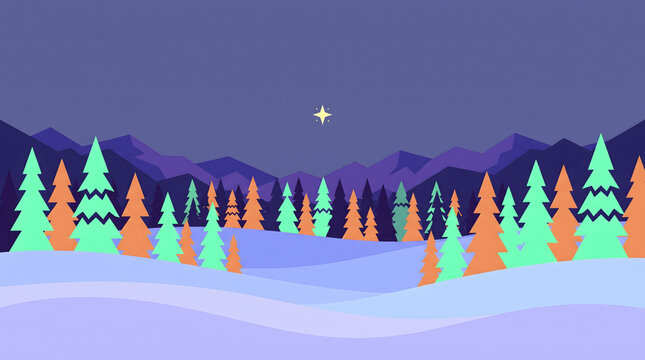 Vibrant Winter Landscape Featuring Colorful Pine Forest Under A Starry Twilight Sky
