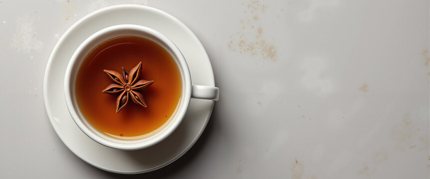 Porcelain teacup with spiced tea and star anise for cozy lifestyle blogs, mindfulness articles, November graphics