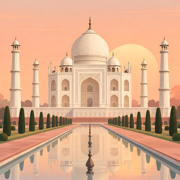 Minimal vector illustration of the Taj Mahal in Agra, symmetrical white marble mausoleum with elegant onion dome and four slender minarets, soft peach sunrise background, muted ivory and sandstone pal