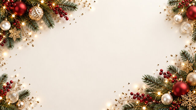 Elegant Christmas frame with red, gold and white baubles, evergreen fir branches, red berries, golden snowflakes and warm fairy lights on a cream background with generous copy space