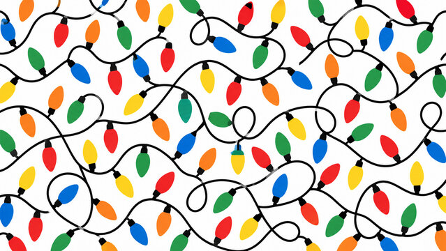 Colorful Christmas string lights with red, green, blue, yellow and orange bulbs connected by tangled black wires on a clean white background, playful festive holiday light pattern