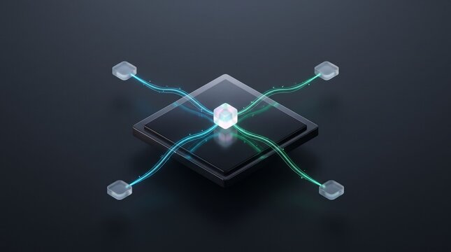Financial data nodes converging into a central processing cube, symbolizing data integration, network analysis, and enterprise intelligence