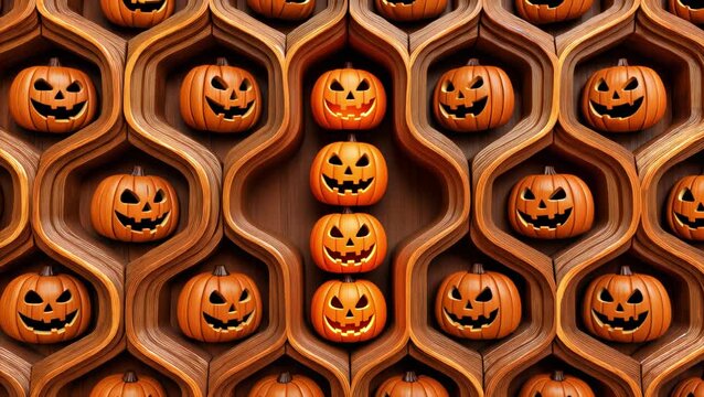Glowing carved jack-o'-lantern pumpkins arranged in a symmetrical wooden honeycomb pattern background, creating a modern and decorative Halloween visual.