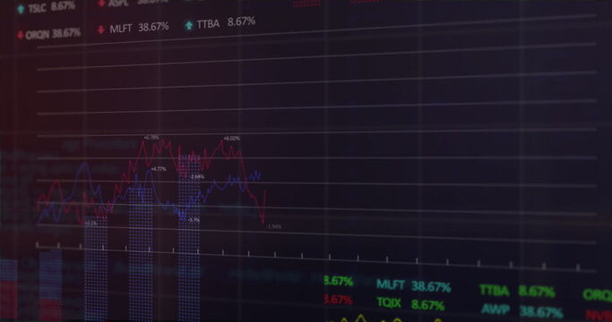 Fluctuating stock market data on digital screen, showcasing financial trends in detail