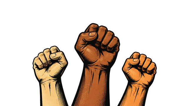 Three raised clenched fists with different skin tones symbolizing unity, solidarity, diversity, equality and resistance, vintage retro pop art illustration isolated on white background