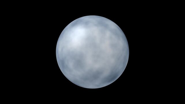 Glowing celestial planet sphere with swirling cloudy white and blue surface textures rotating against black background seamless loop animation