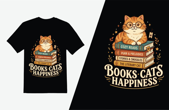 Orange cat wearing glasses sitting on books with the text " Books Cats Happiness "
