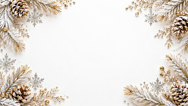 Elegant white and gold Christmas winter frame with snow covered pine branches, frosted pine cones, golden berries and silver snowflakes on white background with generous copy space
