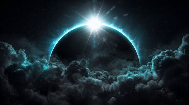 Solar eclipse emerging behind dark dramatic clouds with bright lens flare for cosmic space discovery and astronomy background wallpaper.