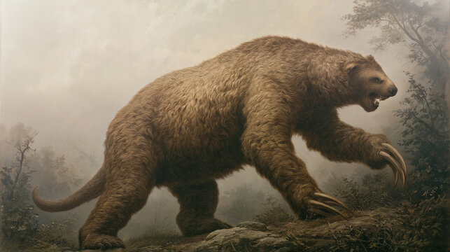 Prehistoric giant ground sloth Megatherium walking through a misty ancient forest, illustration