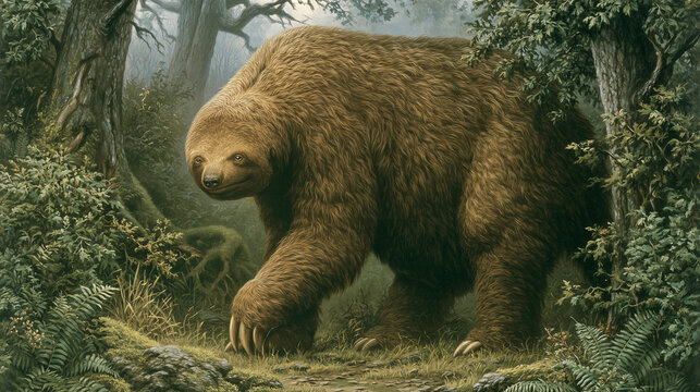 Prehistoric giant ground sloth Megatherium walking through a misty ancient forest, illustration