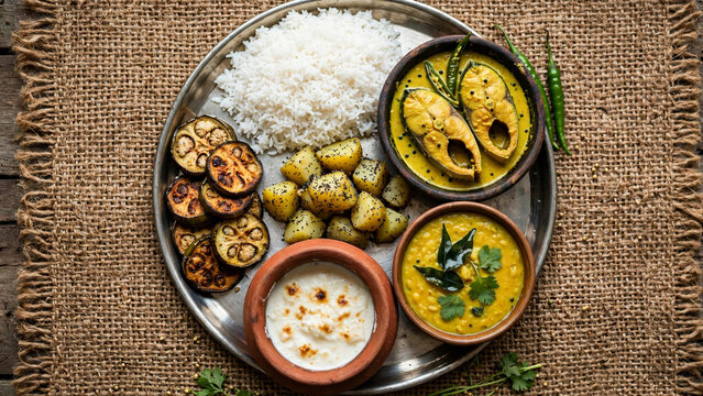 Traditional Bengali Thali with Ilish Fish Curry, Rice and Begun Bhaja