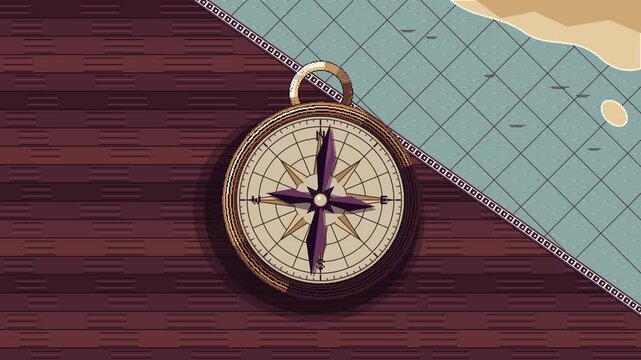 Minimalist retro 4K pixel art motion animation of an antique pocket compass resting on a vintage nautical sea map and mahogany wood table, with an oscillating magnetic needle seeking true North.