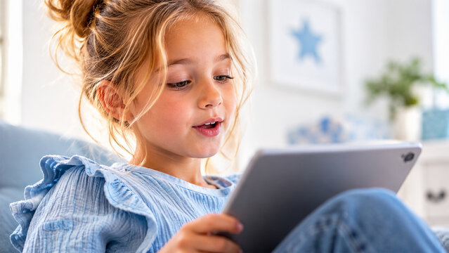 Happy young blonde girl using a digital tablet while relaxing on sofa at home, smiling child enjoying online learning, educational games and digital entertainment in a bright cozy living room