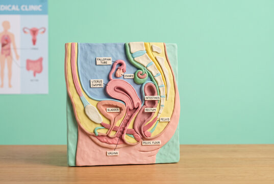Clay style female pelvic anatomy model with labels showing uterus, ovary, fallopian tube, bladder, rectum and pelvic floor on wooden table, mint green background with copy space for gynecology educati