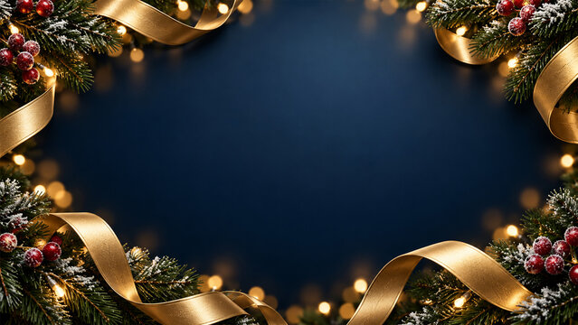 Elegant dark navy blue Christmas background with golden satin ribbons, snow covered fir branches, red berries and warm glowing fairy lights, luxurious festive holiday frame with copy space