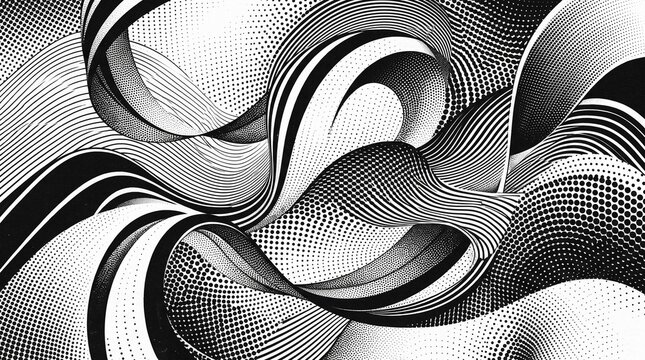 Abstract black and white flowing lines and halftone pattern background