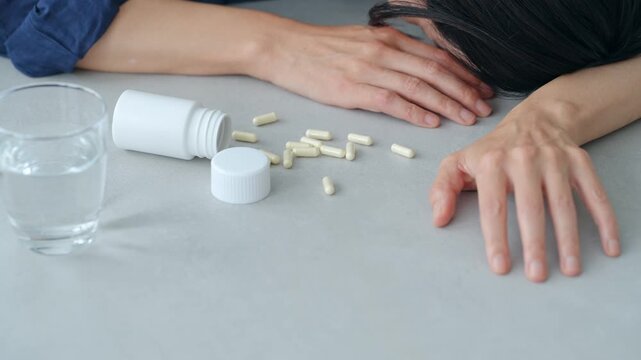 A woman collapses after taking a large amount of medication.