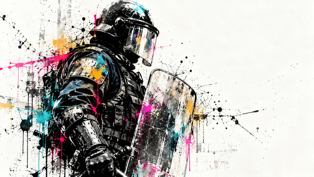 Riot police officer in black tactical protective gear holding a transparent shield, colorful graffiti street art illustration with pink, blue and yellow paint splashes on white background