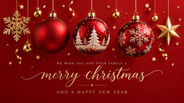 Elegant merry Christmas and happy new year greeting card with red and gold Christmas baubles, hanging snowflakes, golden stars and festive decorations on a rich red background