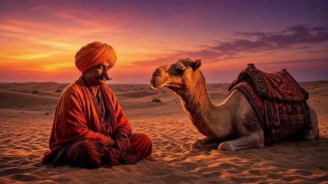 Rajasthani man in a saffron turban beside a camel on dunes at dusk
