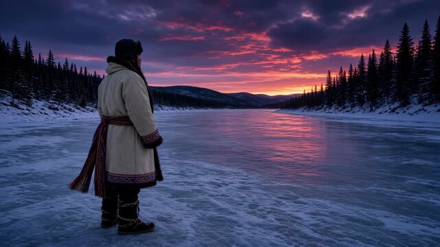 Metis man in a woven sash and capote on a frozen river at dusk
