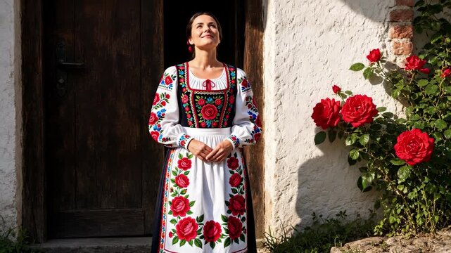 Hungarian woman in an embroidered Matyo blouse in a village doorway