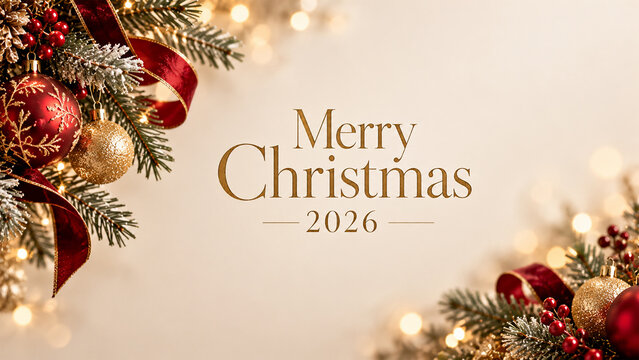 Merry Christmas 2026 elegant holiday greeting card with gold lettering, red and gold Christmas baubles, festive ribbons, snowy fir branches and warm glowing lights on a cream background