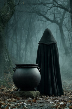 Mysterious figure in black hooded cloak standing next to a large cauldron in a misty autumn forest