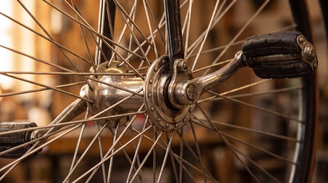 Macro of Pedal Crank Bolted Directly to Hub of Penny Farthing Front Wheel