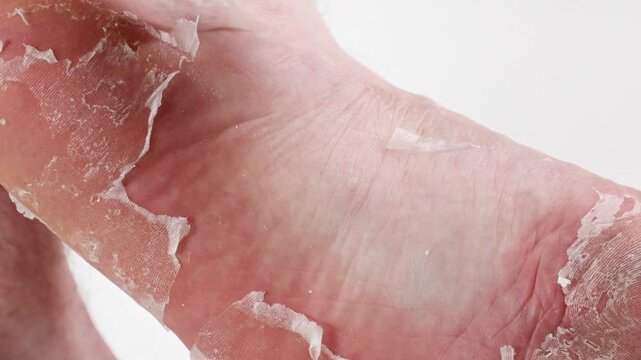 Close-up of a man's leg with peeling skin on the feet. The hand peels off the dead skin from the foot sole. Pedicure and chiropody. Concept of forbidden acts in beauty skin care