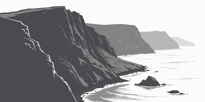Stylized of steep dark coastal cliffs overlooking the ocean with rocky formations in the water, monochrome style