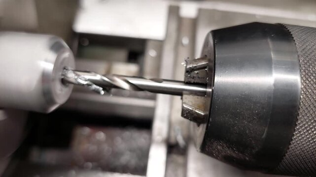 Drilling hole into metal cylinder part with twist drill bit on lathe machine   