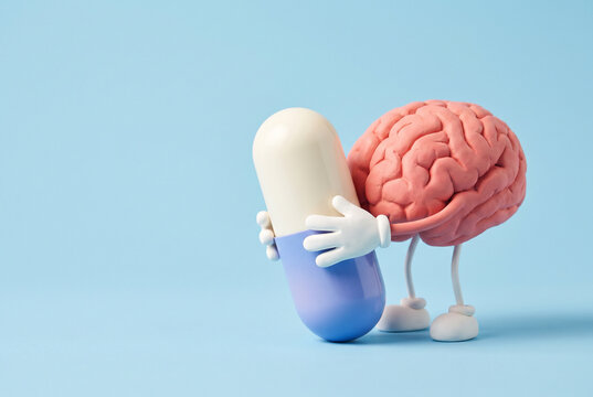 Cute clay brain character hugging giant capsule pill on pastel blue background, mental health and medication concept with copy space
