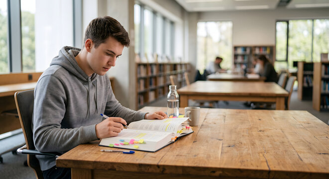 Caucasian male student in grey hoodie writing and taking notes at large wooden library table