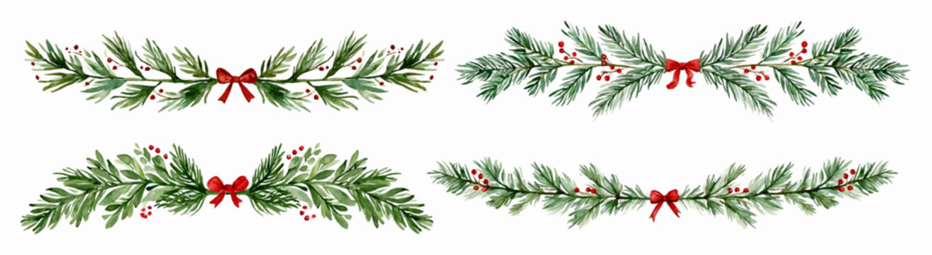 Four watercolor evergreen garlands with pine and fir branches, red bows and bright berries, forming delicate christmas borders for seasonal cards, invitations and holiday designs