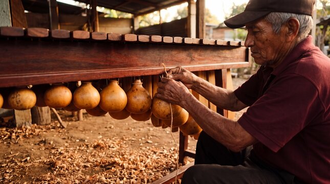 Artisan Fitting Dried Gourd Resonators Beneath Wooden Keys of Traditional Marimba