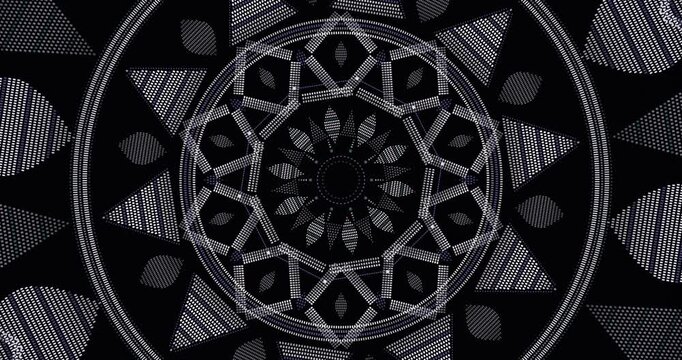 Mandala kaleidoscope pattern, DJ VJ concert visuals in silver and indigo for DJ and VJ sets, concert stage screens and music videos, motion graphics animation, seamless 4K loop