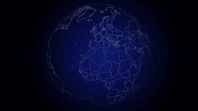Outline of France highlighted in yellow on a futuristic digital globe with the other countries outlines in blue. Globe turning in a seamless loop. Gradient blue background.