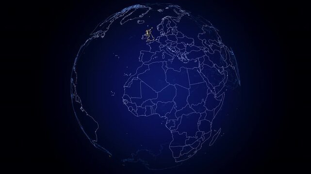 Outline of the United Kingdom highlighted in yellow on a futuristic digital globe with the other countries outlines in blue. Globe turning in a seamless loop. Gradient blue background.