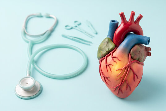 Anatomical human heart model with blue veins, red arteries and coronary vessels beside a stethoscope and surgical instruments on pastel blue background, for cardiology, healthcare education and heart 